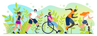 残疾人卡通<i>公</i><i>寓</i>马拉松。夏季国际残障人士比赛。残疾人在跑马拉松。矢量图。