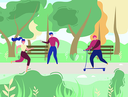 休息和做运动户外平面矢量与人们在城市公园或广场插图中行走,跑步和