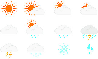 现代最小天气预报季节气候图标集。夏季、多雨、冬季和<i>雪</i>或云与雷暴图标矢量图形