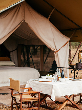 2011 年 6 月 22 日，坦桑尼亚塞伦盖蒂 — 塞伦盖蒂稀树草原森林 Grumeti 保护区野餐桌的豪华 Safari 帐篷营地 — 非洲野生森林的豪华露营旅行