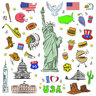 我爱美国。手绘涂鸦元素、对<i>象</i>或图标。美国旅行符号。矢量图。我爱美国。手绘涂鸦元素、对<i>象</i>或图标