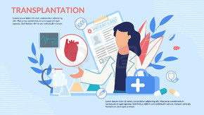 带有纸箱女医生角色的信息性海报提供心脏移植。供体人体内部器官、医疗案例、患者卡。药物溶液。矢量平面插画。提供心脏移植的信息海报
