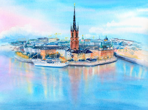 Riddarholmen，Gamla Stan，在日落时分在斯德哥尔摩老城，瑞典首都的水彩素描。瑞典斯德哥尔摩的 Gamla Stan