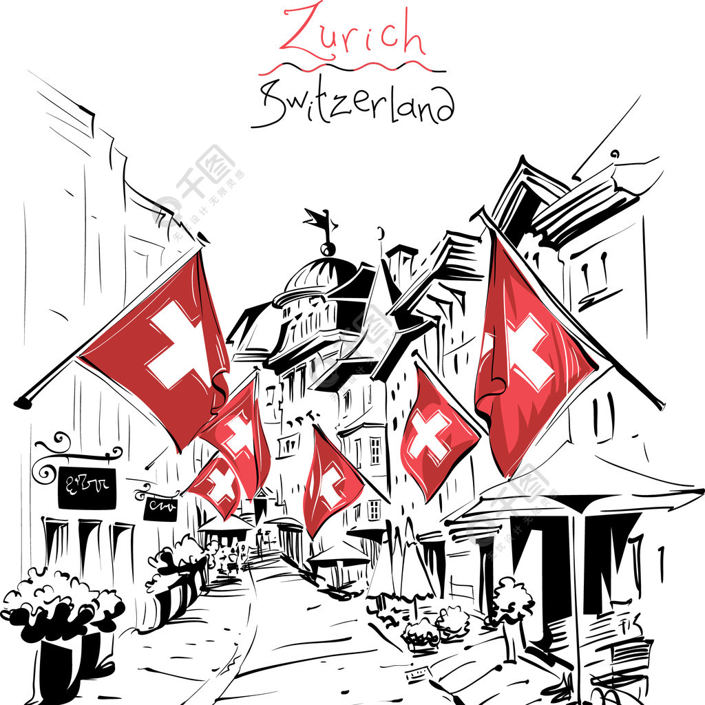 瑞士最大城市蘇黎世老城舒適街道與瑞士國旗的矢量素描瑞士蘇黎世老城