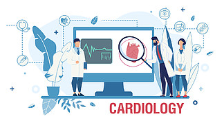 促进在线心脏病<i>学</i>服务的<i>医</i><i>学</i><i>海</i><i>报</i>。心脏病<i>学</i>、<i>医</i><i>学</i>和内脏保健。心血管系统治疗。卡通<i>医</i>生站在巨大的监视器旁。矢量图。宣传网上心脏病<i>学</i>服务的<i>海</i><i>报</i>