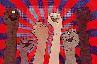 抗议概念横幅，用不同的肤<i>色</i>插图举起拳头。