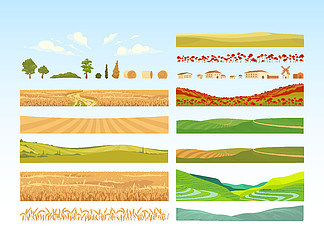 农业卡通矢量对象集。农田建设者。农田、<i>小</i><i>麦</i>、罂粟、树木和山丘。农业平面彩色插图集。蓝色背景上的村庄隔离包。农业卡通矢量对象集