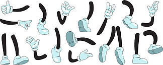 卡通手臂和腿。吉祥物涂鸦手戴<i>着</i>白手套，显示手势和脚<i>穿</i><i>着</i>靴子踢跑和站立。矢量图素描漫画收藏。卡通手臂和腿。吉祥物涂鸦手戴<i>着</i>白手套，显示手势和脚<i>穿</i><i>着</i>靴子踢跑和站立。矢量漫画合集