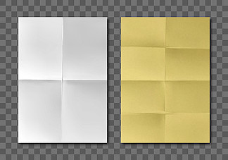 折叠的空白纸页顶视图。带有交叉折痕的白色和黄色纸的矢量逼真模型。皱巴巴的传单、传单、皱巴巴的<i>文</i><i>档</i>页面，在灰色背景下被隔离。折叠的空白白色黄色纸页