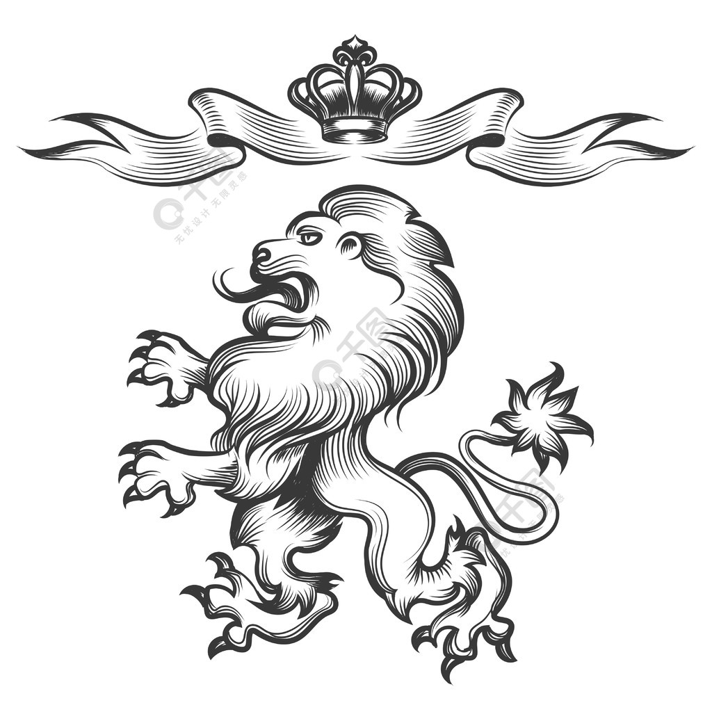 雕刻风格的带皇冠的狮子矢量手绘纹章狮子素描与皇冠隔离在白色背景