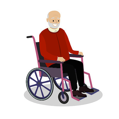 老人坐在轮椅上,微笑的祖父