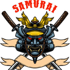 武士头盔的插图与交叉的武士刀海报,卡片,横幅,徽章,t 恤的设计元素