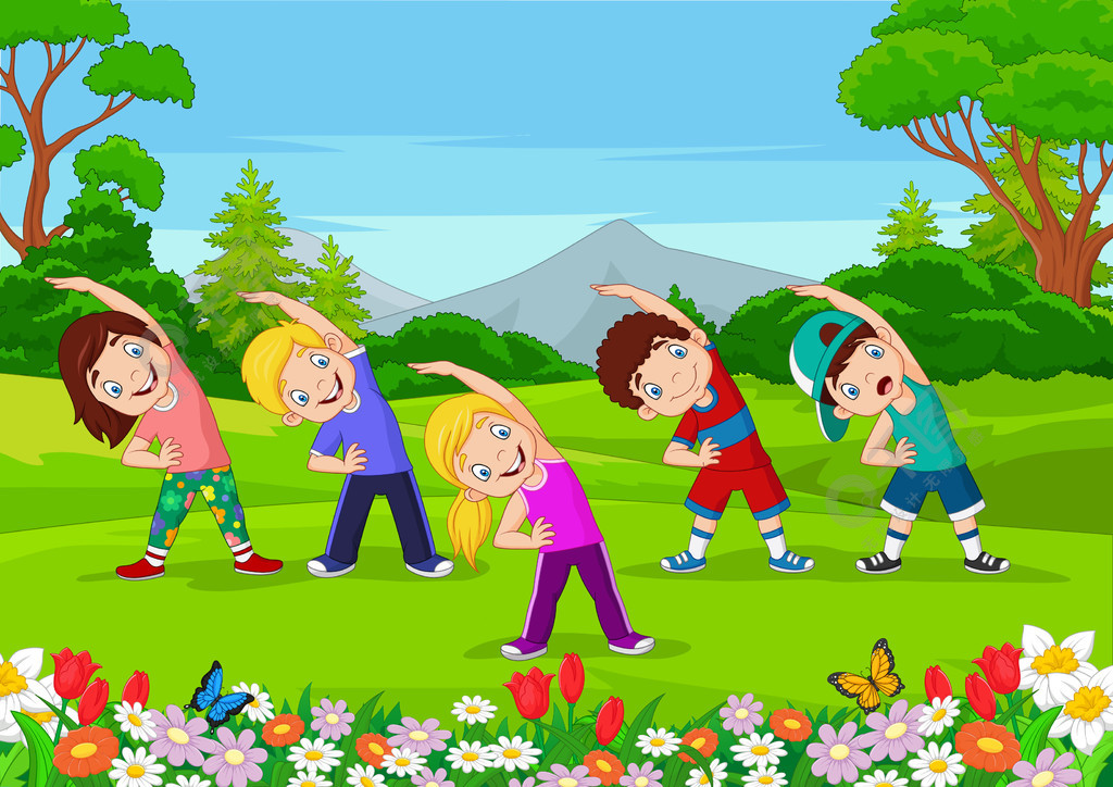 卡通小孩在公园里锻炼