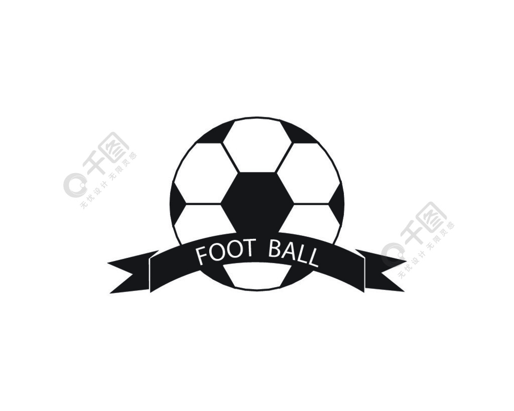 黑白足球和足球标志或徽章显示带有运动轨迹火焰横幅和皇冠花圈和奖杯