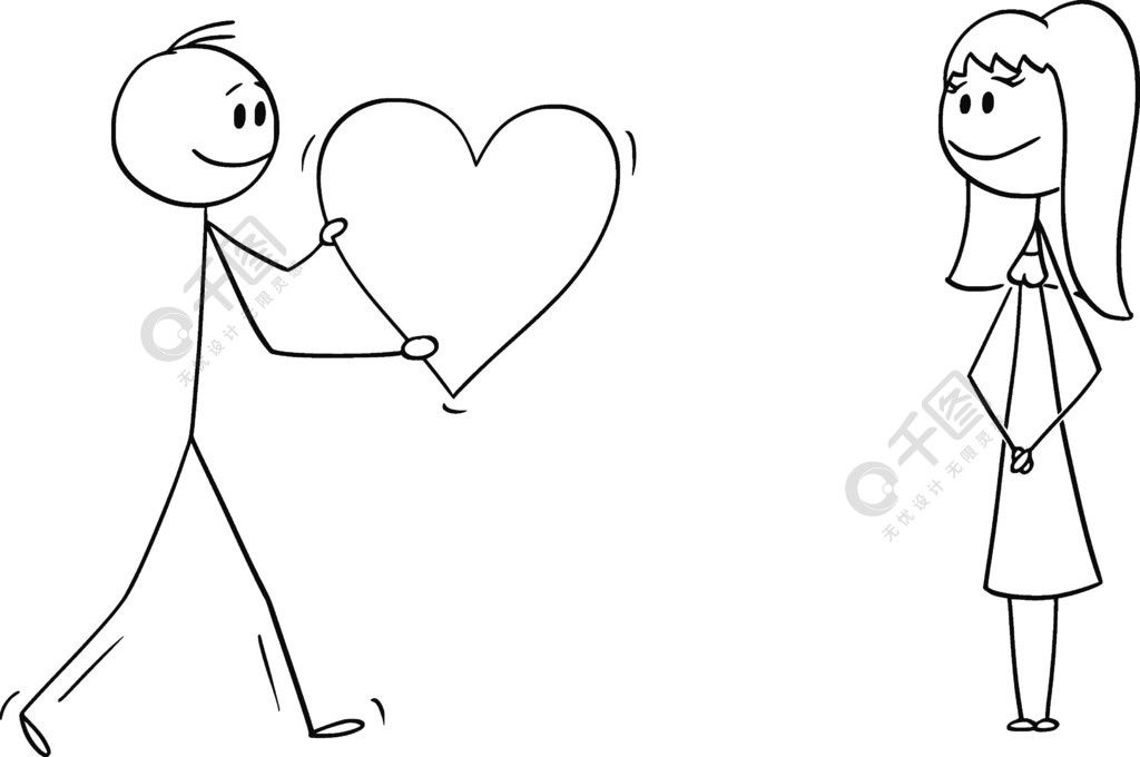 矢量卡通棒图绘制男人或男孩在约会时向女孩或女人赠送沼泽浪漫心的