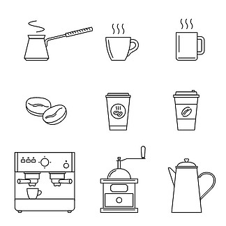 咖啡线图标。咖啡线图标设置。矢量<i>薄</i>图标咖啡机、杯子、咖啡豆和咖啡壶。