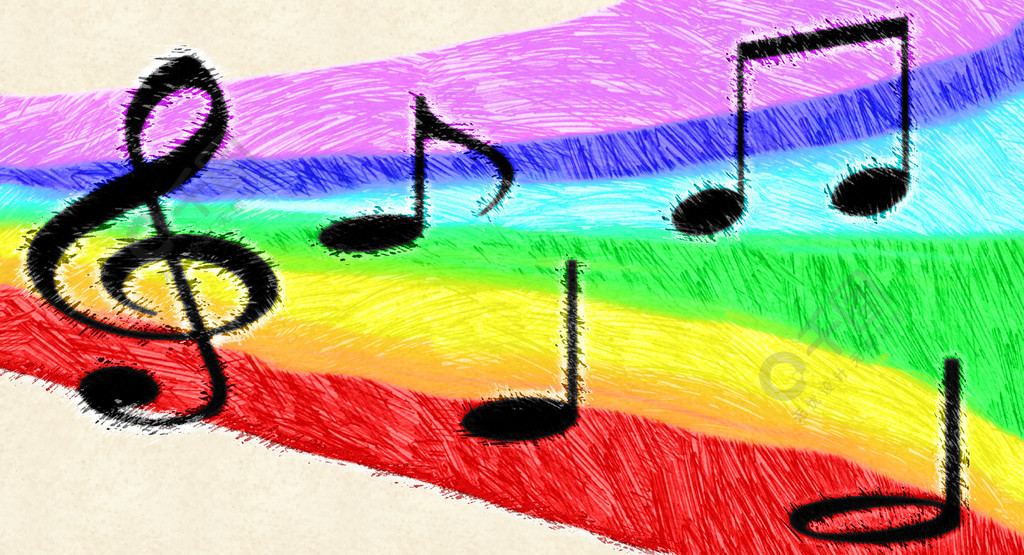 彩虹上的音符插图手绘背景