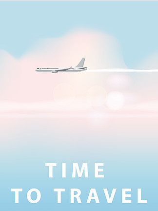 飞行的飞机和云彩在蓝天背景。旅行时间的概念设计模板。飞行的飞机和云彩在蓝天背景。旅行时间的概念设计模板。卡通风格、横幅、海报、孤立、插图的矢量图解
