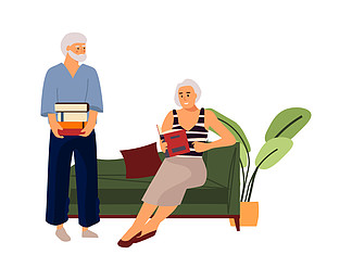 老年夫<i>妇</i>。手绘沙发上看书的老人。矢量卡通插图人物爱老人的情侣。老年夫<i>妇</i>。手绘老人看书。矢量卡通人物