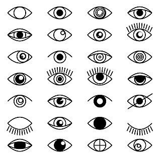 眼睛轮廓设置图标。用睫<i>毛</i>闭合和睁开眼睛的形状。线型光学视觉标志。收集黑色形状监督和搜索眼球矢量图