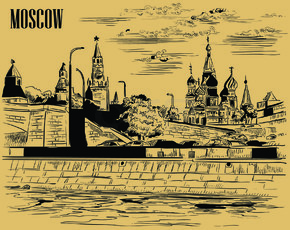 克里姆林宫塔路堤的城市景观和莫斯科河上的桥梁（红场，莫斯科，俄罗斯）孤立的矢量手绘插图在米色背景上的黑色