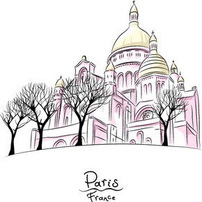 法国巴黎圣心教堂城市景观矢量手绘草图