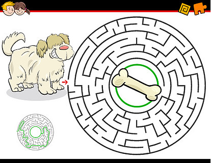 带狗和骨头的儿童教育迷宫或迷宫活动游戏的卡通插图