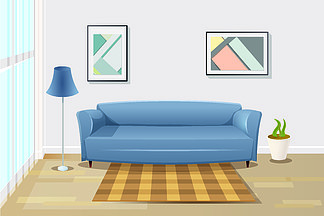 现代客厅室内卡通矢量插图，在宽敞的房间或公寓的窗户附近有舒适的蓝色沙发、优雅的落地灯、盆栽植物、地板上的地毯和墙上的绘<i>画</i>