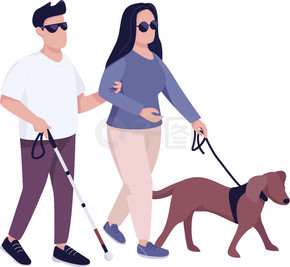 带有导盲犬扁平色矢量无脸字符的盲人和妇女。有视力问题的年轻夫妇一起为网页图形设计和动画制作孤立的卡通插图