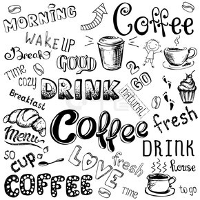 矢量图手绘咖啡去、杯子、杯子、豆子和刻字类型。白色背景上的黑色。矢量插图手绘咖啡去，杯子，杯子，豆子