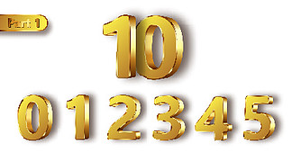 金色金属独特数字集的现实矢量图。哑光与光泽框架金色金属符号或标志从 0 到 5，第 1 <i>部</i>分，隔离在白色背景上。金色金属数字现实矢量