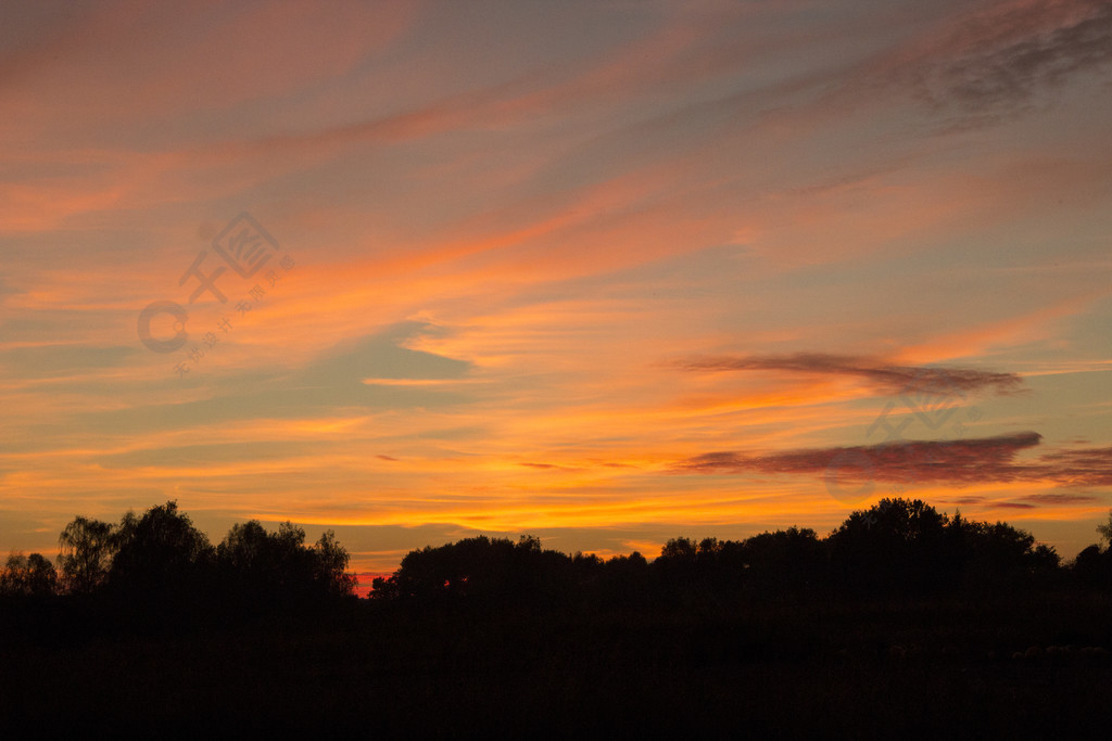 黑暗的夕陽與深紅色的雲彩在太陽光束中森林之上的猩紅色下降暮光之色