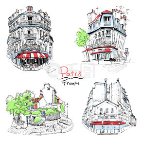 矢量手绘图集。典型的巴黎房屋，带咖啡馆和灯笼，法国巴黎。典型的巴黎房屋，法国