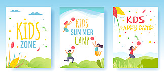 打印传单、媒体卡或社交故事集广告儿童营。卡通快乐的孩子们在大自然中玩乐、休息和享受暑假。<i>移</i><i>动</i><i>页</i>面和广告封面。平面插图。打印传单、媒体卡、社交故事集营