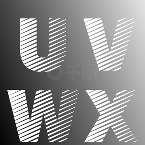 排版损坏的字母字体模板。一组字母 U、V、W、X 标志或图标。矢量图。