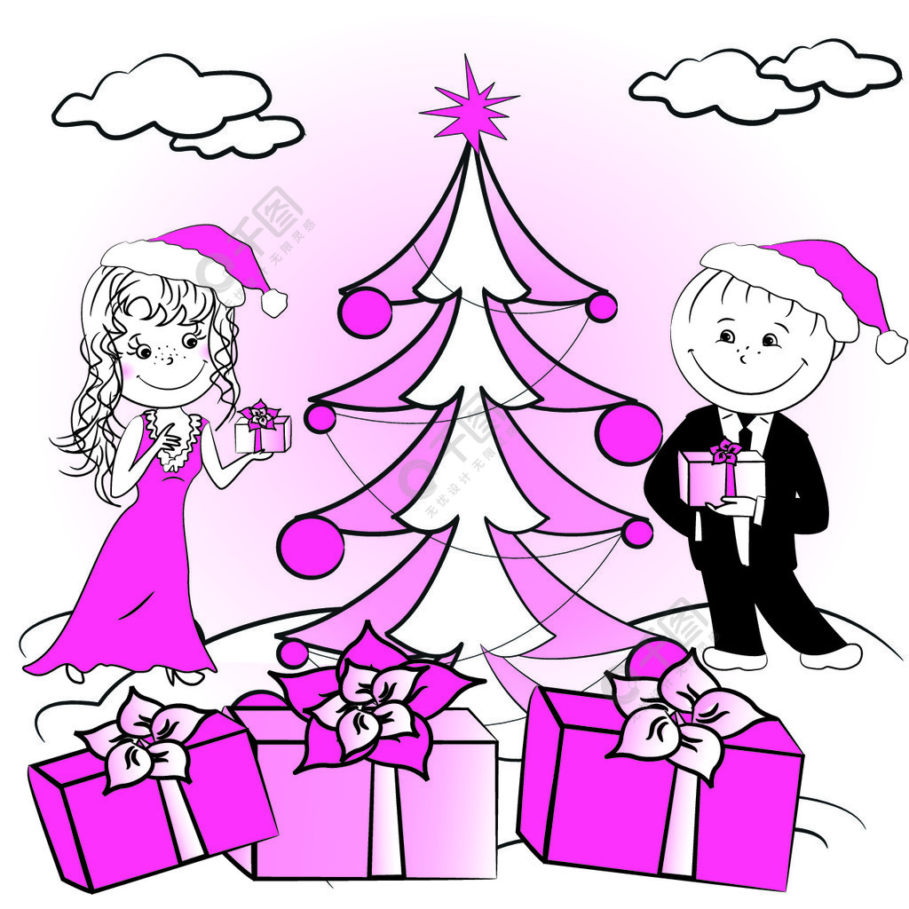圣诞树和情侣矢量图圣诞树和情侣