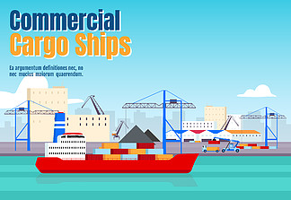 商业货船横幅平面矢量模板。海上运输水平海报词概念设计。船厂卡通插图与排版。港口背景上的货船