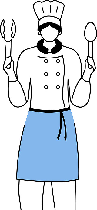 餐饮服务,美食围裙卡通人物的厨房工作人员,白色轮廓