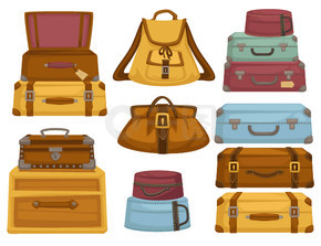 不同形状和颜色矢量的袋子和行李。带把手的度假手提箱，老式行李箱隔离图标设置为平面样式。旅客个人物品的背包容器。不同形状和颜色的袋子和行李