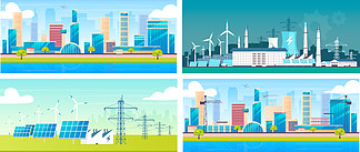 可持续能源和建筑平面彩色矢量插图集。环保电站和城市 2D 卡通景观。替代发电厂、大都市和建筑工地