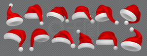 圣诞老人帽子。逼真的圣诞和新年红色冬季头饰，白色毛皮和绒球。透明背景上的照片装饰贴纸的孤立集合。矢量圣诞服装套装。圣诞老人帽子。逼真的圣诞和新年红色冬季头饰，白色毛皮和绒球。在透明背景上收集照片装饰贴