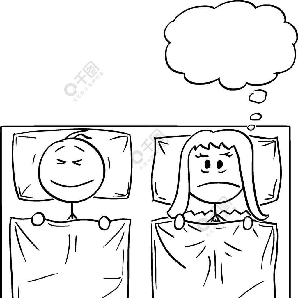 矢量卡通棒图绘制夫妇躺在床上男人在睡觉女人无法入睡思考问题或失眠