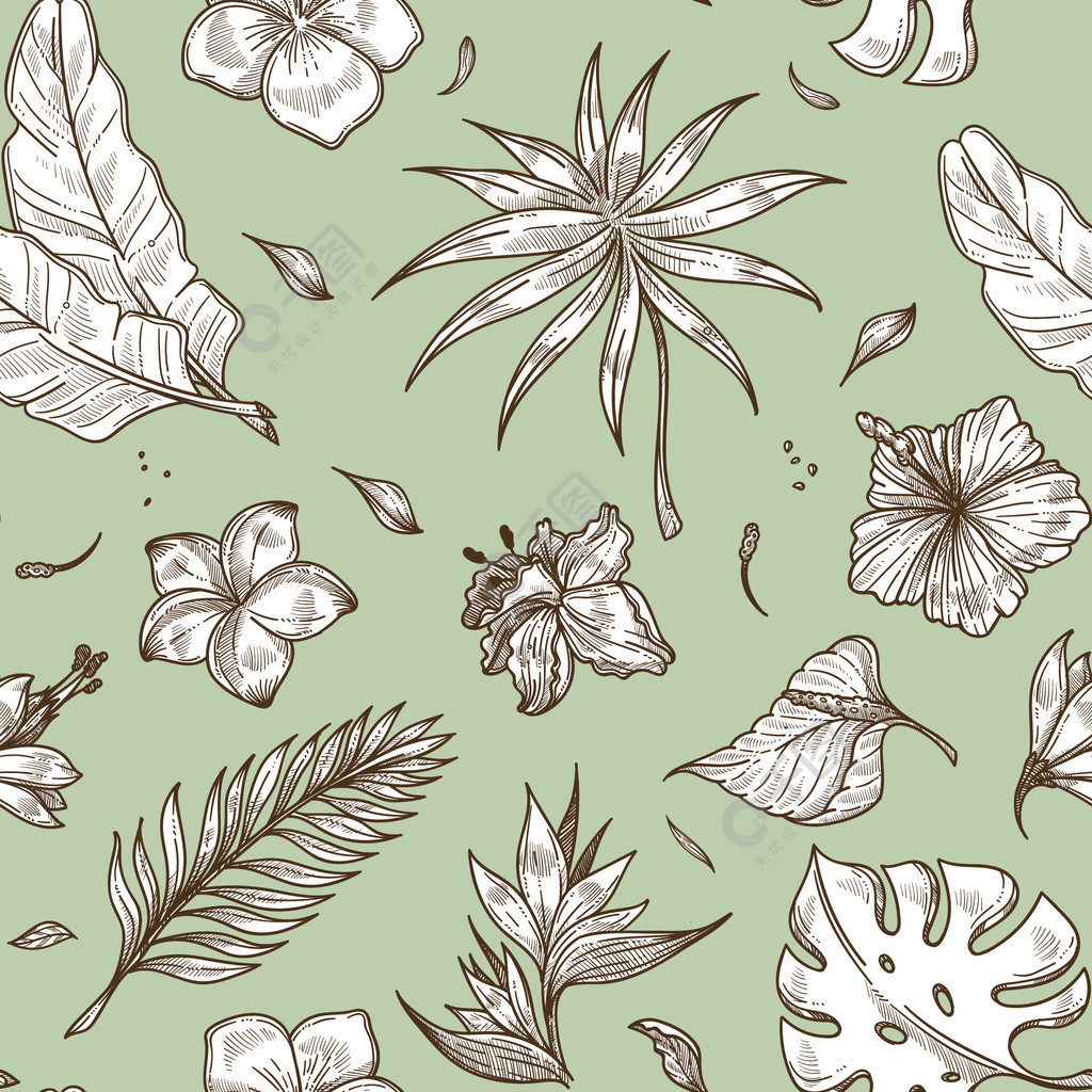 龟背竹和棕榈叶花卉装饰单色素描轮廓矢量无缝图案与茂盛的植物夏季
