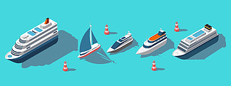 等距渡轮、游艇、船只、客船矢量集。船舶渡轮和船，海上运输乘客的插图。等距渡轮、游艇、小船、客船矢量集