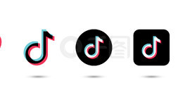 抖音。 Tik Tok 标志与心状和 tiktok <i>播</i>放按钮，隔离在白色背景上。 Tik Tok 标志为三色。矢量图