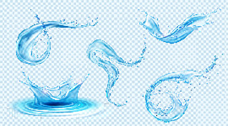 水溅，蓝色液体<i>波</i><i>浪</i>与漩涡和水滴。矢量逼真的一组流动和下降的清澈纯水，在透明背景上隔离的流体飞溅。向量组的蓝色清澈的水溅