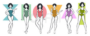 适合衣服的女性或女孩体型。女性身体的矢量平面隔离图标为适合圆形、沙漏或矩形和三角形的衣服构建形状。女人或女孩的身体类型矢量平面隔离图标，适合衣服合身