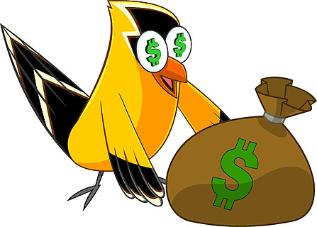 金翅雀鸟卡通人物与钱袋子在白色背景上隔离的矢量图