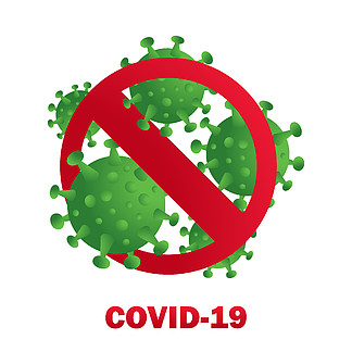 白色背景下的 2019-<i>nCoV</i> 新型冠状病毒细菌。带有红色禁止标志的电晕病毒图标。停止 Covid-19 概念。孤立的矢量符号