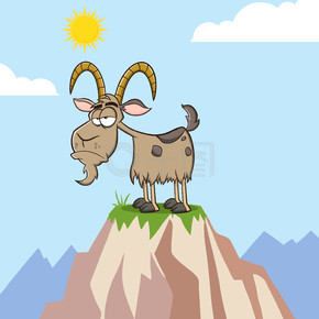 脾气暴躁的山羊卡通吉祥物在山顶上带背景的矢量图